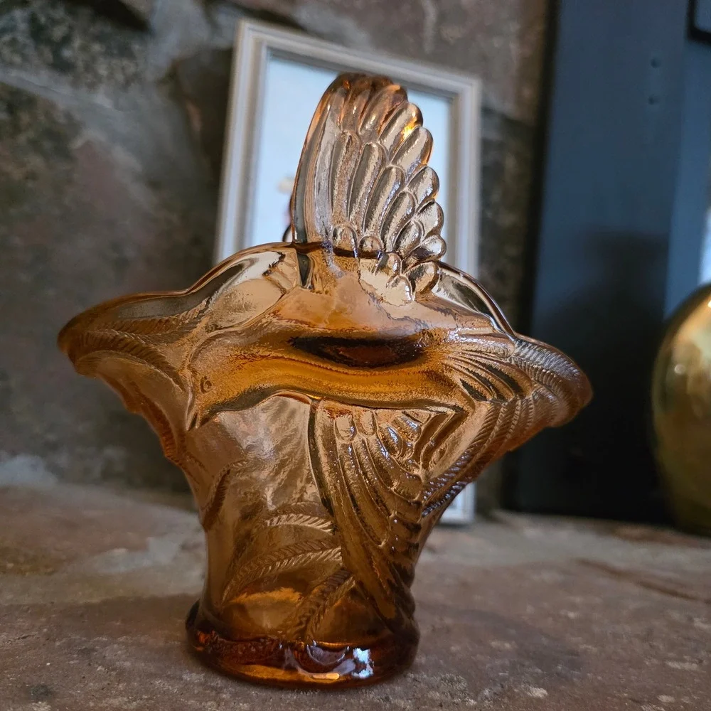 Vintage Tiara Indiana Glass Peach Empress Bird of Paradise Basket Candy Dish 7in